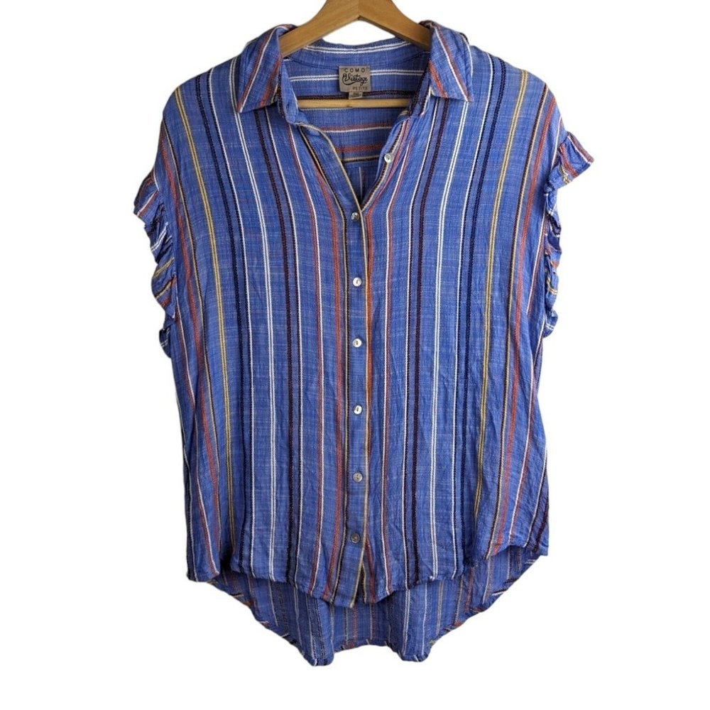 Como Vintage Flutter Sleeve Blue Striped Button Down Shirt Women's Size Petite M